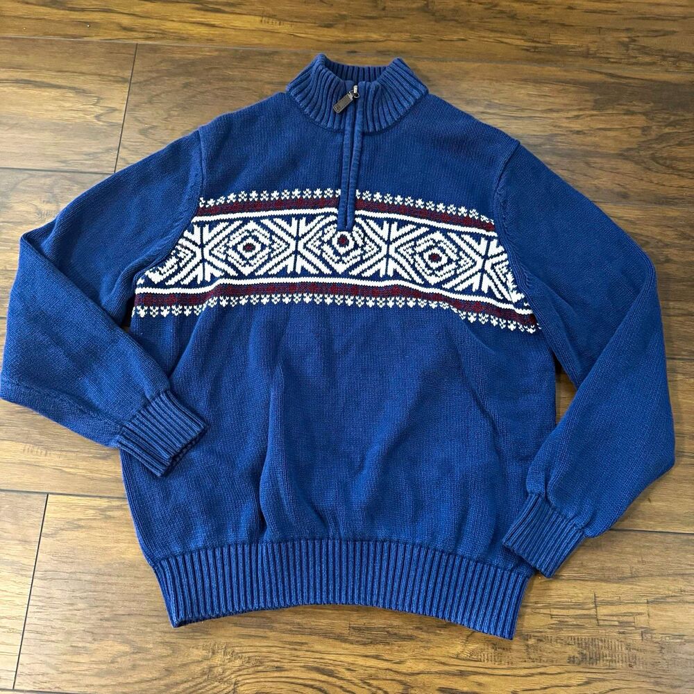 IZOD Men's M Blue Fair Isle Knit Cotton Blend 1/4 Zip Mock Neck Sweater